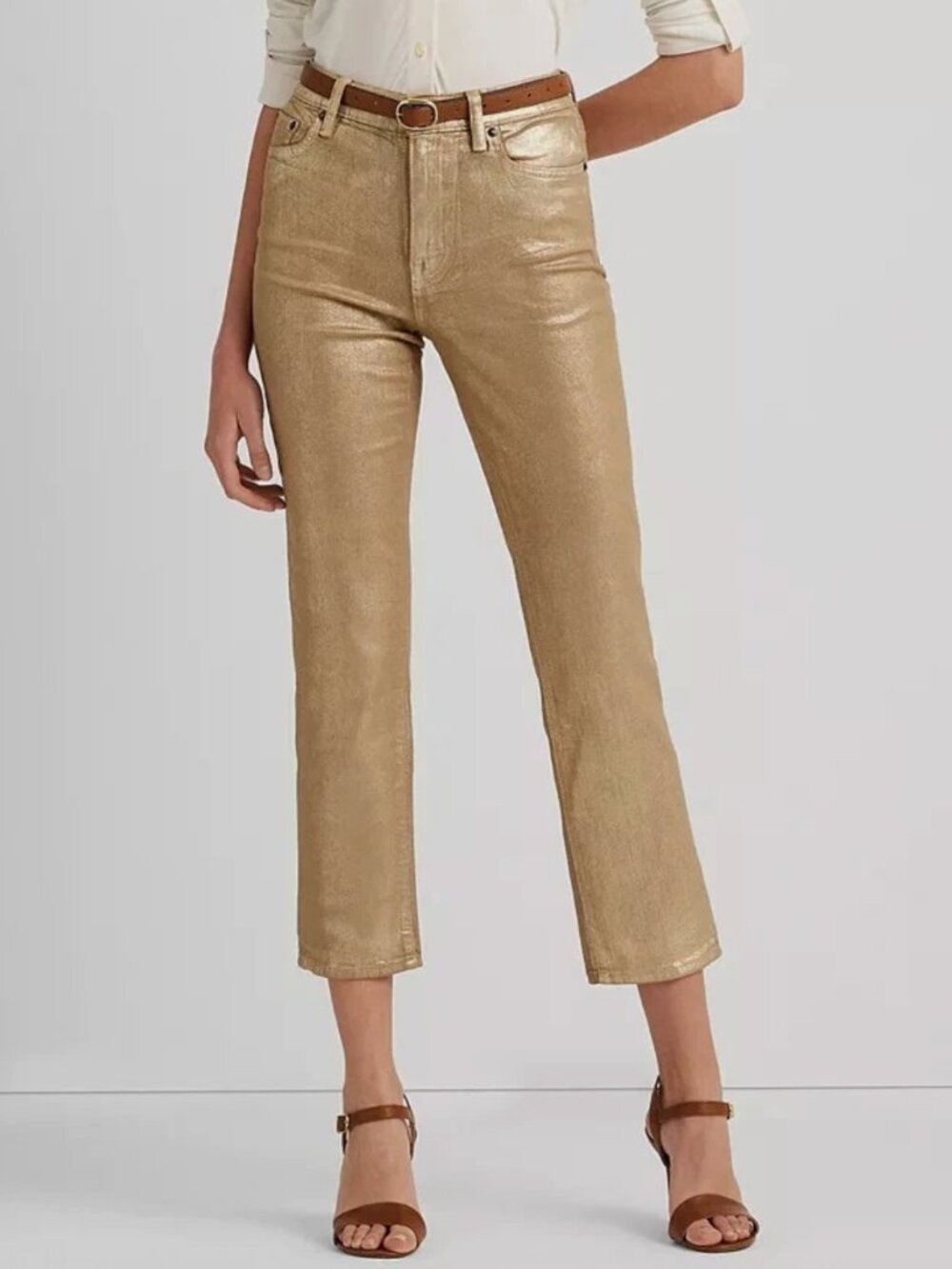 Lauren Ralph Lauren Gold Metallic High-Rise Straight Ankle Jeans Size 2